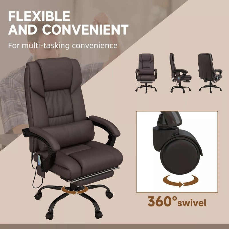 Image of a Brown Leather Vinsetto Massage Office Chair With Wheels and Padded Arms Rests.