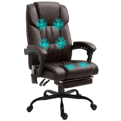 Image of a Brown Leather Vinsetto Massage Office Chair With Wheels and Padded Arms Rests.