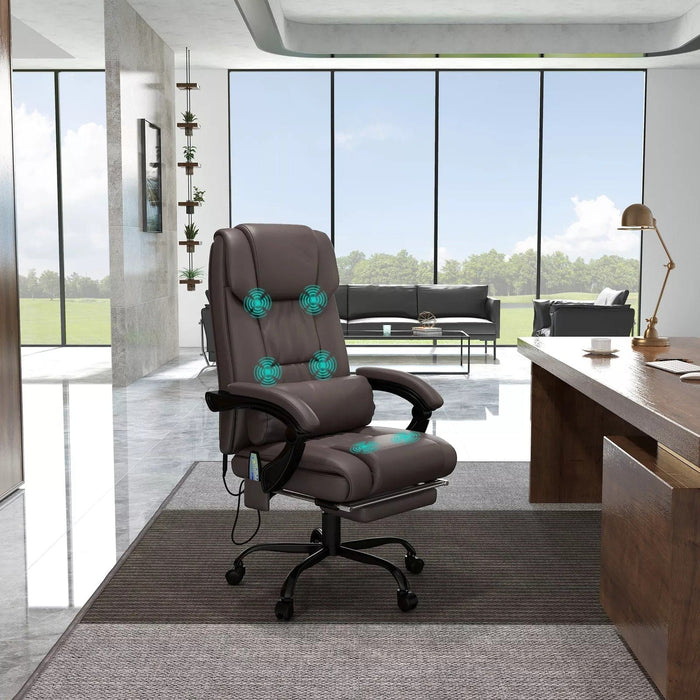 Image of a Brown Leather Vinsetto Massage Office Chair With Wheels and Padded Arms Rests.