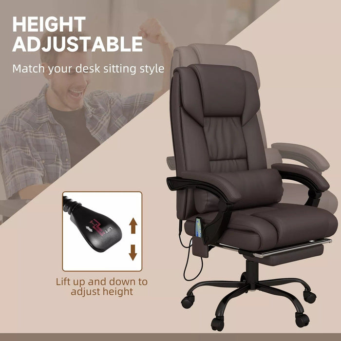 Image of a Brown Leather Vinsetto Massage Office Chair With Wheels and Padded Arms Rests.