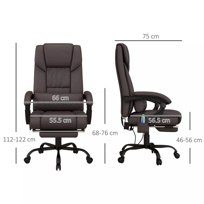 Image of a Brown Leather Vinsetto Massage Office Chair With Wheels and Padded Arms Rests.