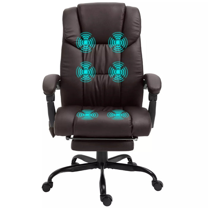 Image of a Brown Leather Vinsetto Massage Office Chair With Wheels and Padded Arms Rests.