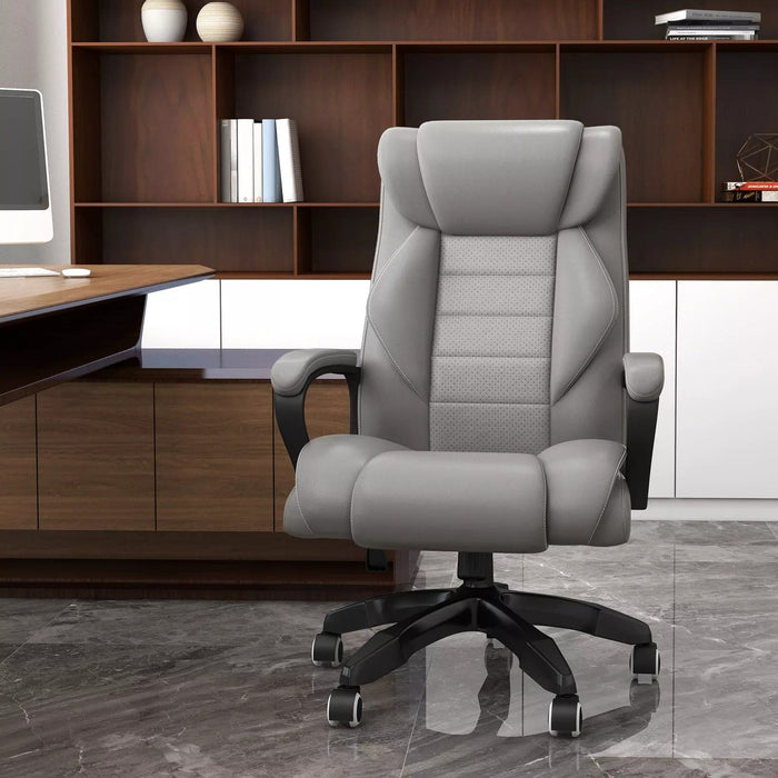 Image of a massaging executive office chair finished in plush grey faux leather.