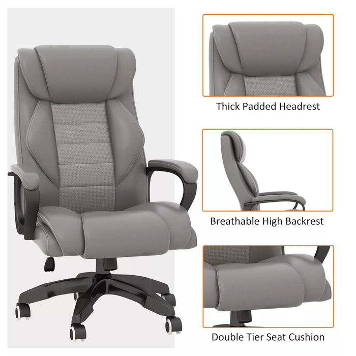 Image of a massaging executive office chair finished in plush grey faux leather.