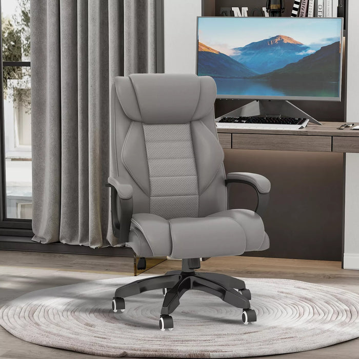 Image of a massaging executive office chair finished in plush grey faux leather.