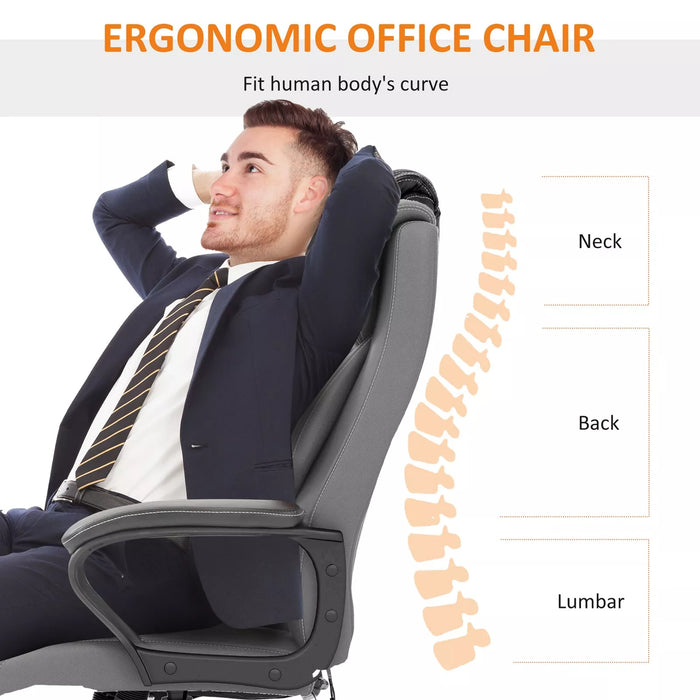 Image of a massaging executive office chair finished in plush grey faux leather.