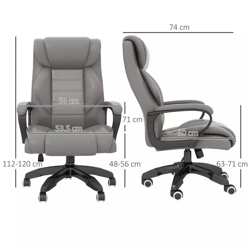 Image of a massaging executive office chair finished in plush grey faux leather.