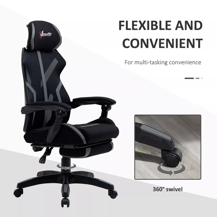 Image of an Ergonomic Vinsetto Mesh Back Reclining Desk Chair With Wheels, Extending Foot Rest, and Adjustable Height Features For Home Office. The Chair is black with grey elements.