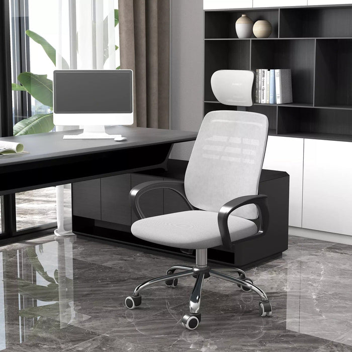 Image of a Vinsetto Grey Mesh Office Chair With Adjustable Headrest, Lumbar Support, Swivel Wheels, Height and Tilt Adjust. Suitable for Home or Office.