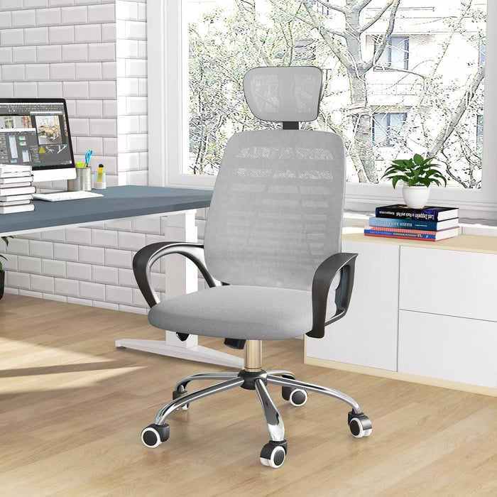 Image of a Vinsetto Grey Mesh Office Chair With Adjustable Headrest, Lumbar Support, Swivel Wheels, Height and Tilt Adjust. Suitable for Home or Office.