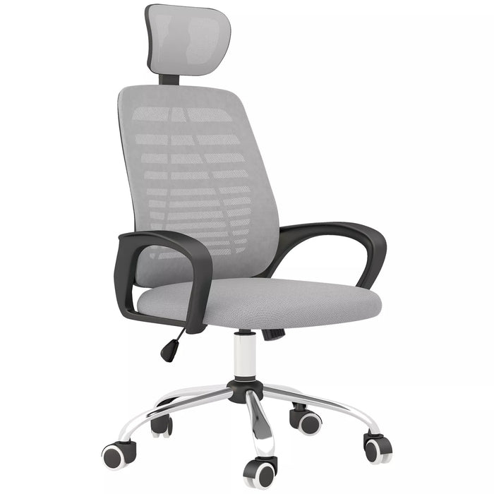 Image of a Vinsetto Grey Mesh Office Chair With Adjustable Headrest, Lumbar Support, Swivel Wheels, Height and Tilt Adjust. Suitable for Home or Office.