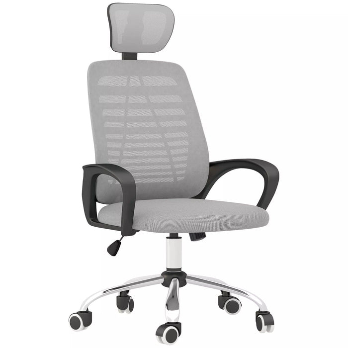 Image of a Vinsetto Grey Mesh Office Chair With Adjustable Headrest, Lumbar Support, Swivel Wheels, Height and Tilt Adjust. Suitable for Home or Office.