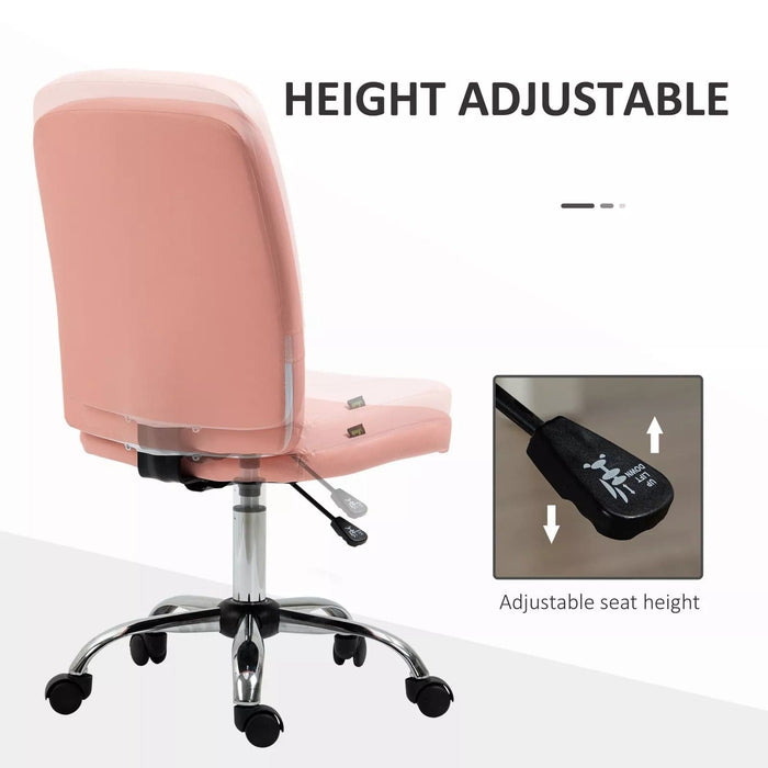 Image of a Vinsetto Pink Armless Office Chair With Wheels for Home Office.