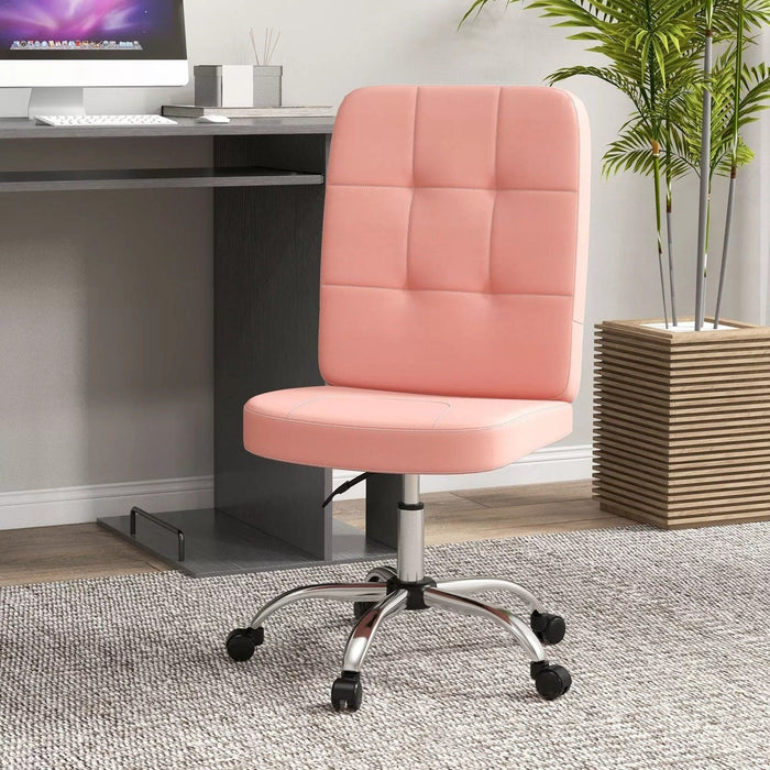 Image of a Vinsetto Pink Armless Office Chair With Wheels for Home Office.