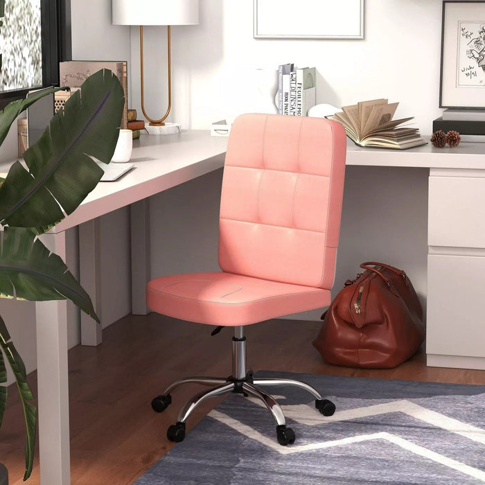 Image of a Vinsetto Pink Armless Office Chair With Wheels for Home Office.