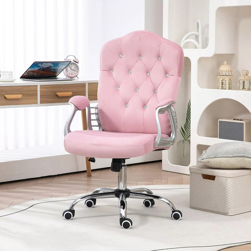 Image of a Vinsetto pink desk chair with wheels, diamante tufted back with a silver frame and swivel wheels. 