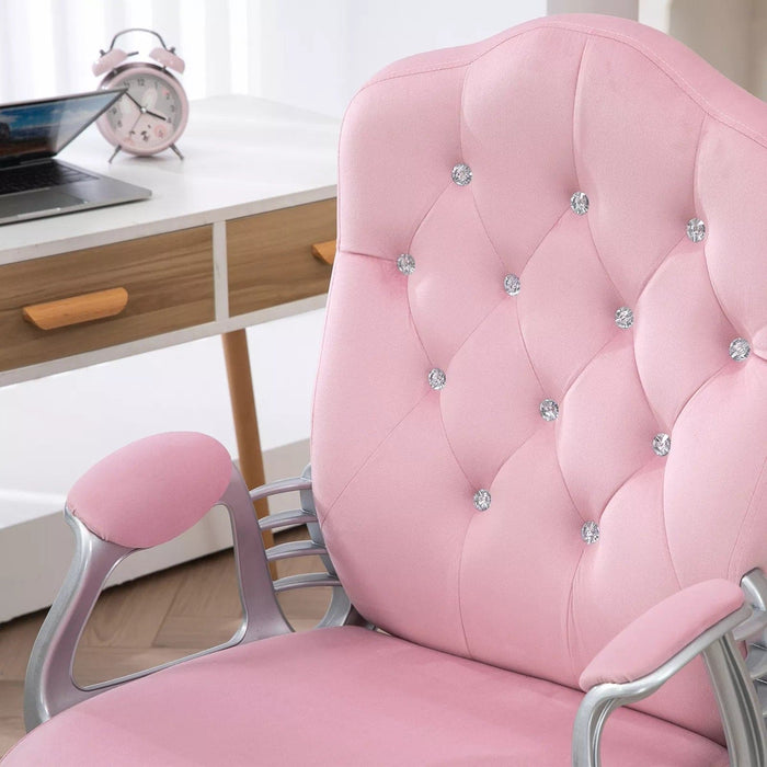 Image of a Vinsetto pink desk chair with wheels, diamante tufted back with a silver frame and swivel wheels. 