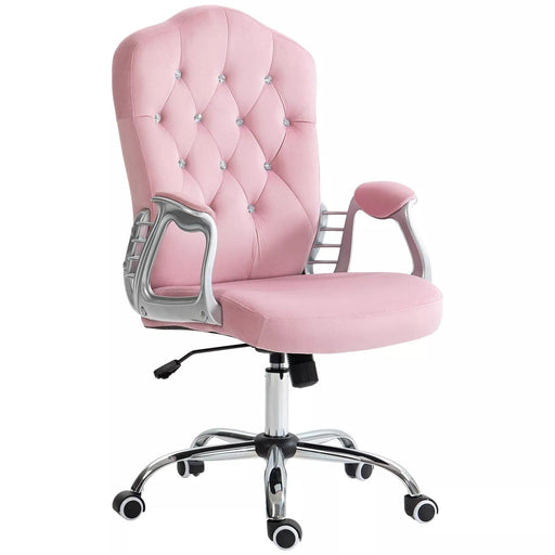 Image of a Vinsetto pink desk chair with wheels, diamante tufted back with a silver frame and swivel wheels. 