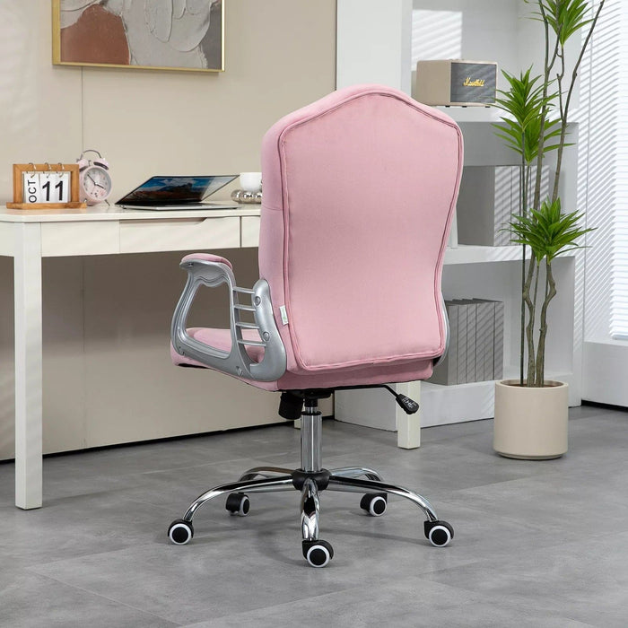 Image of a Vinsetto pink desk chair with wheels, diamante tufted back with a silver frame and swivel wheels. 