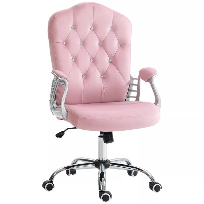 Image of a Vinsetto pink desk chair with wheels, diamante tufted back with a silver frame and swivel wheels. 