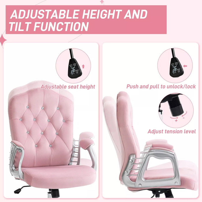 Image of a Vinsetto pink desk chair with wheels, diamante tufted back with a silver frame and swivel wheels. 