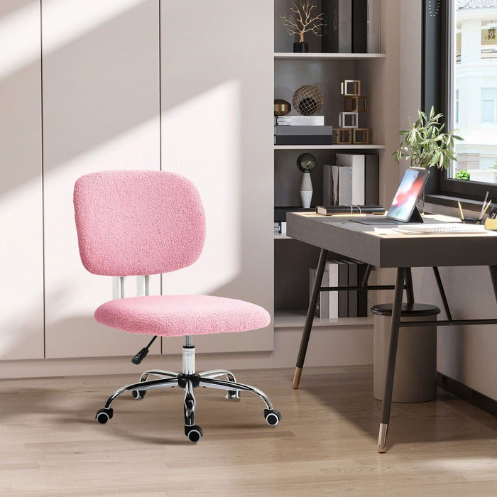 Image of a teddy fleece Pink Mid Back Desk Chair With Wheels For Home Office 