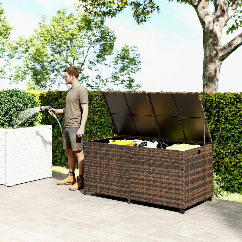 Waterproof Cushion Storage Box For Garden 650L With Wheels and Gas Lift Lid Mixed Brown PE Rattan