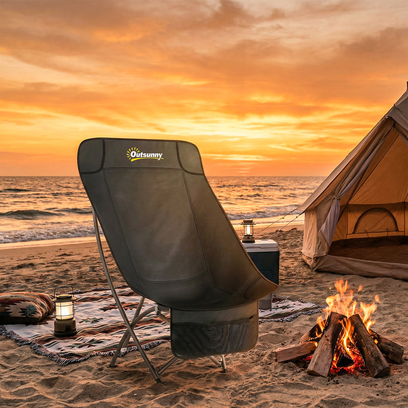 Folding Moon Camping Chair with Supportive Seat and Side Pocket for Outdoor Comfort Black