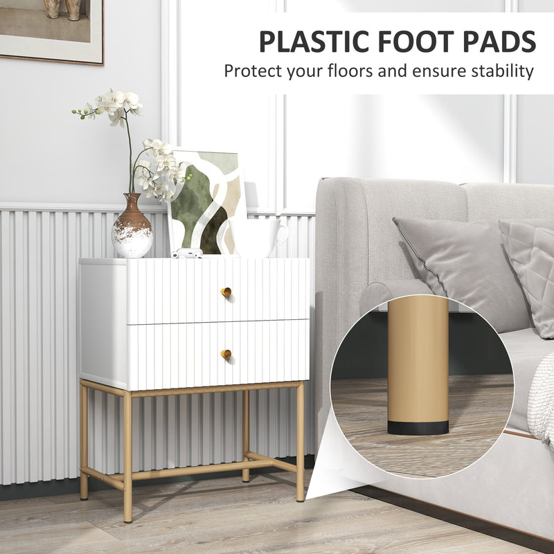 White 2 Drawer Bedside Table With Gold Legs Elegant Bedroom Storage by HOMCOM