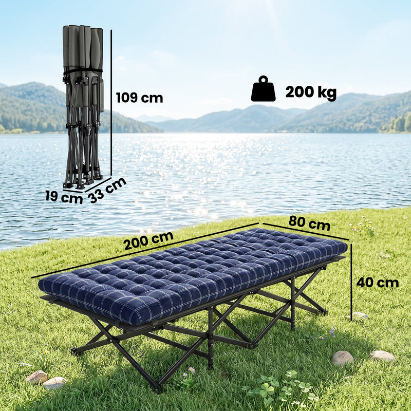Folding Camping Bed with Extra Wide Surface and Removable Padded Mattress Blue