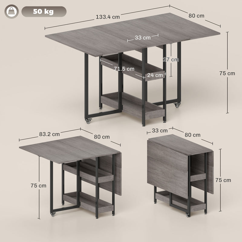 Grey Industrial Folding Dining Table with Drop Leaf and Storage Shelves for Small Spaces