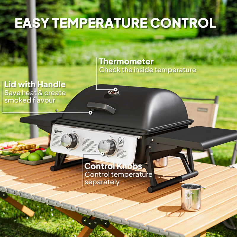 2 Burner Portable Gas BBQ Grill with Folding Side Tables and Thermometer by Outsunny