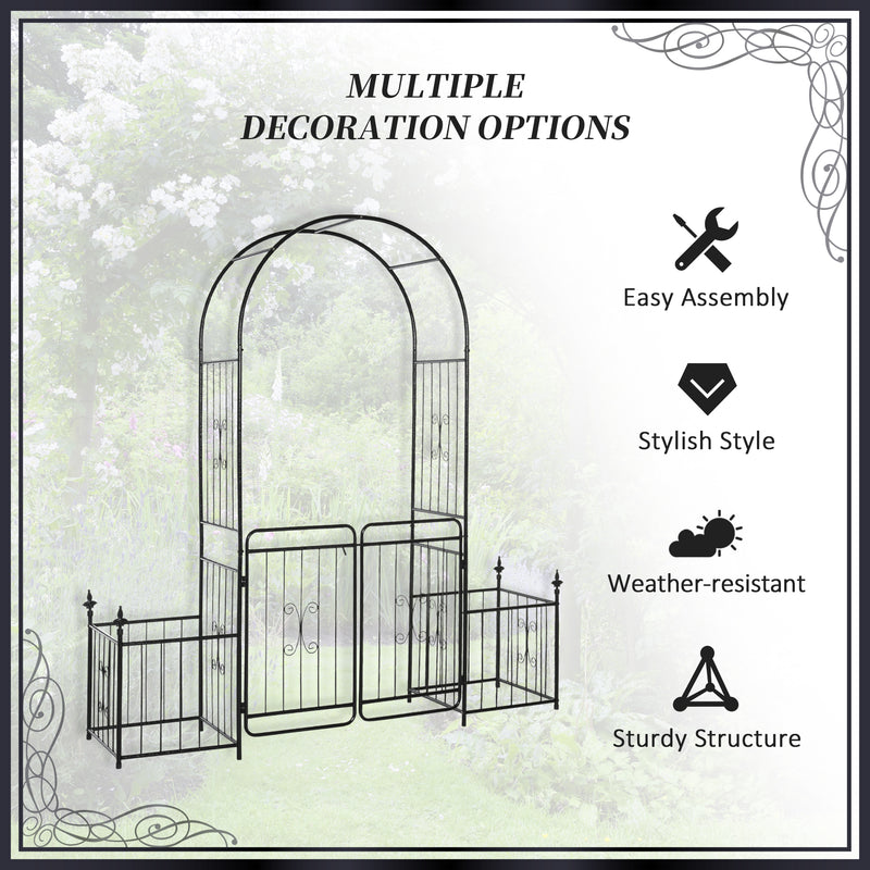 Metal Garden Arbor Arch with Double Doors and Planter Baskets Black by Outsunny