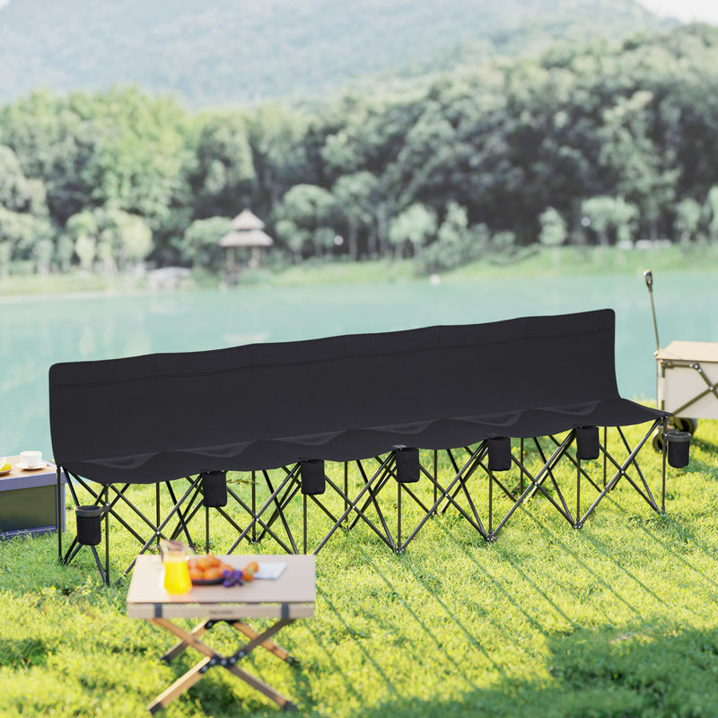 Folding 6 Seater Outdoor Bench with Cup Holders and Carry Bag for Events Black