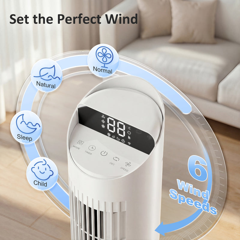 Tower Fan for Bedrooms and Living Rooms with Quiet Operation and Smart Controls White AOSOM