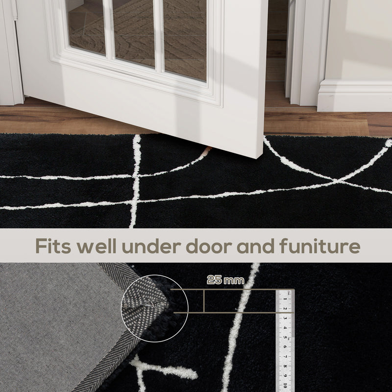 Soft High Pile Washable Area Rug With Geometric Design For Living Room or Bedroom, Black