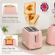 1.7L Fast Boil Kettle and 2 Slice Toaster Set with Auto Shut Off Ideal for Busy Mornings, Light Pink