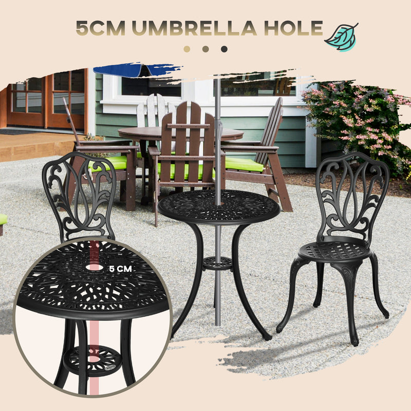 3 Piece Black Cast Aluminium Garden Bistro Set With Umbrella Hole by Outsunny