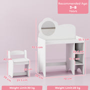 Kids Dressing Table With Mirror and Storage Shelves Includes Stool For Ages 3 to 8 White AOSOM