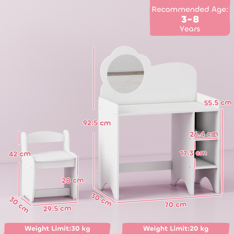 Kids Dressing Table With Mirror and Storage Shelves Includes Stool For Ages 3 to 8 White AOSOM