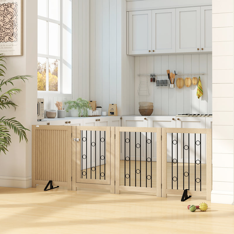 4 Panel Freestanding Pet Gate with Lockable Door and Support Feet for Indoor Use Oak AOSOM