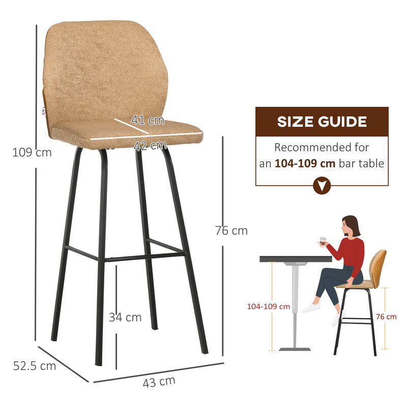 Set of 4 Upholstered Bar Stools with Backs and Steel Legs for Kitchen or Dining, Light Brown AOSOM