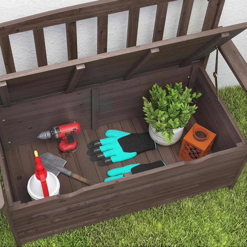 2 Seater Wooden Garden Storage Bench with Armrests - Durable Fir Wood Construction Outsunny