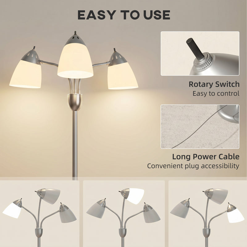 Floor Lamp with Three Adjustable Heads for Flexible Living Room or Office Lighting Silver Tone