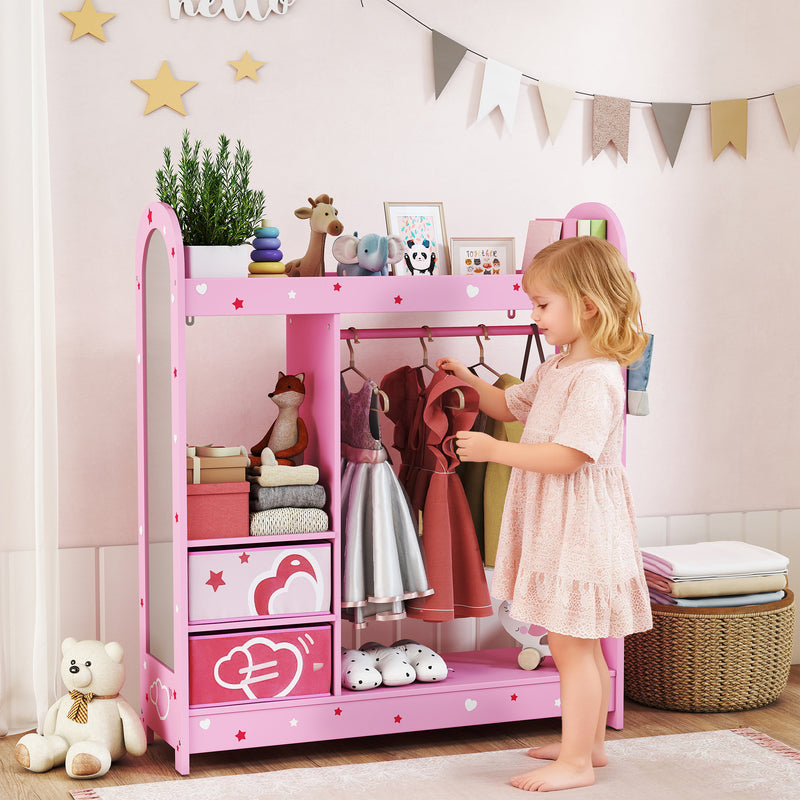 Kids Clothes Rail with Mirror Shelves and Fabric Storage for Bedroom and Nursery Pink AOSOM