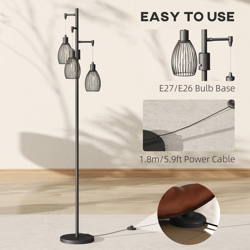 Industrial 3 Light LED Floor Lamp Dimmable Steel Cage Design For Living Room, Black