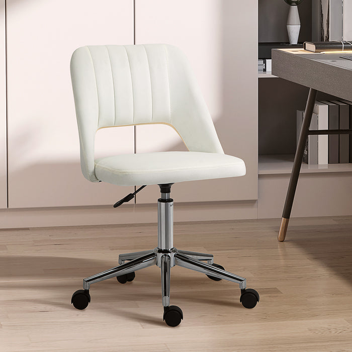 Cream White Armless Velvet Feel Swivel Office Chair Ergonomic Design by Vinsetto