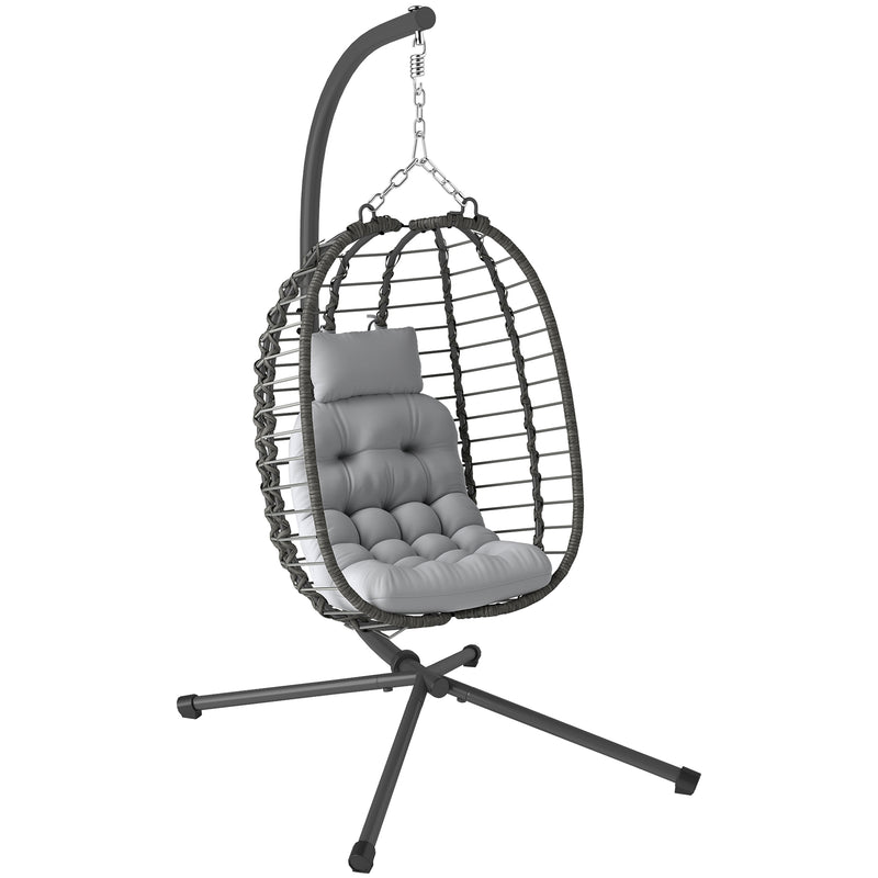 Light Grey Rattan Hanging Egg Chair with Cushion and Stand for Garden or Patio by Outsunny