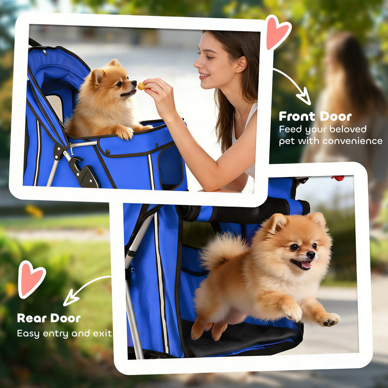 Pet Stroller for Small or Elderly Pets with Foldable Frame and Mesh Windows Blue
