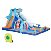 6 in 1 Inflatable Water Park with Slide Pool Trampoline and Blower for Kids Ages 3-8 Years, Blue Outsunny
